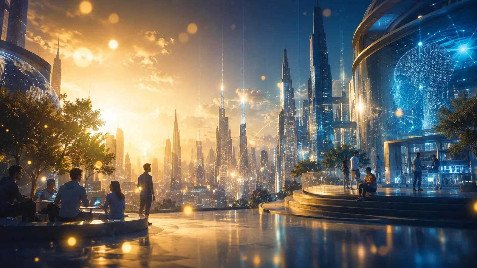 Cidade futurista ao amanhecer