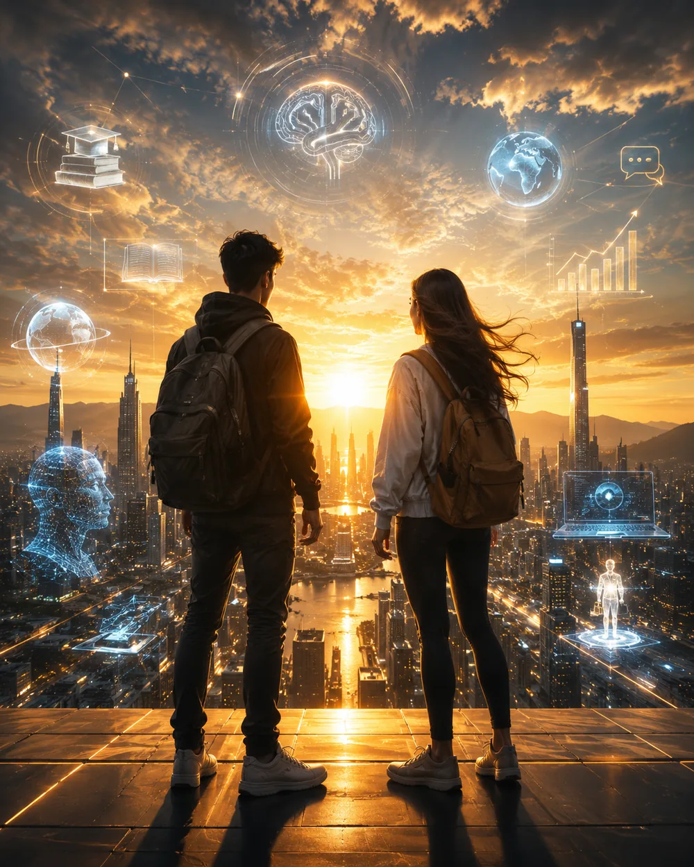 Duas pessoas observando uma cidade futurista ao amanhecer